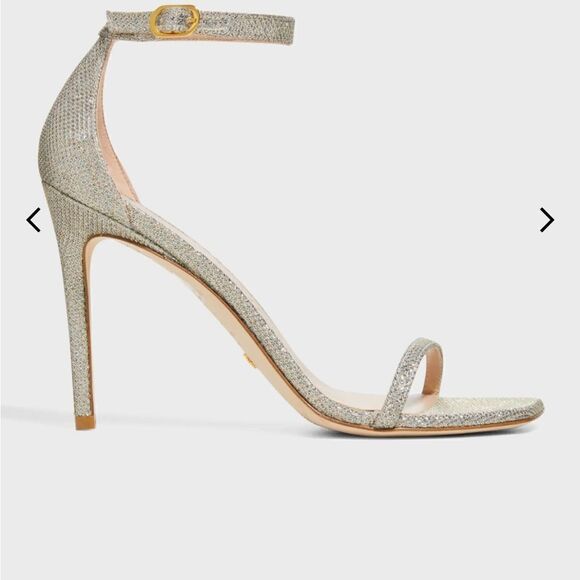 Stuart Weitzman's Nudistcurve Shimmery Ankle Strap Sandals Silver Size 6.5B NIB - Picture 2 of 14